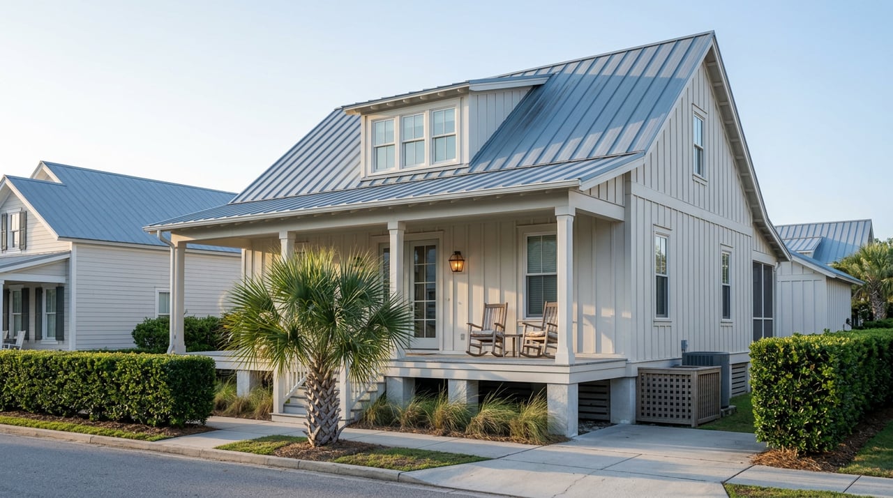 Raised coastal cottage with a blue-gray metal roof, deep porch, exposed piers, and a clipped hedge.