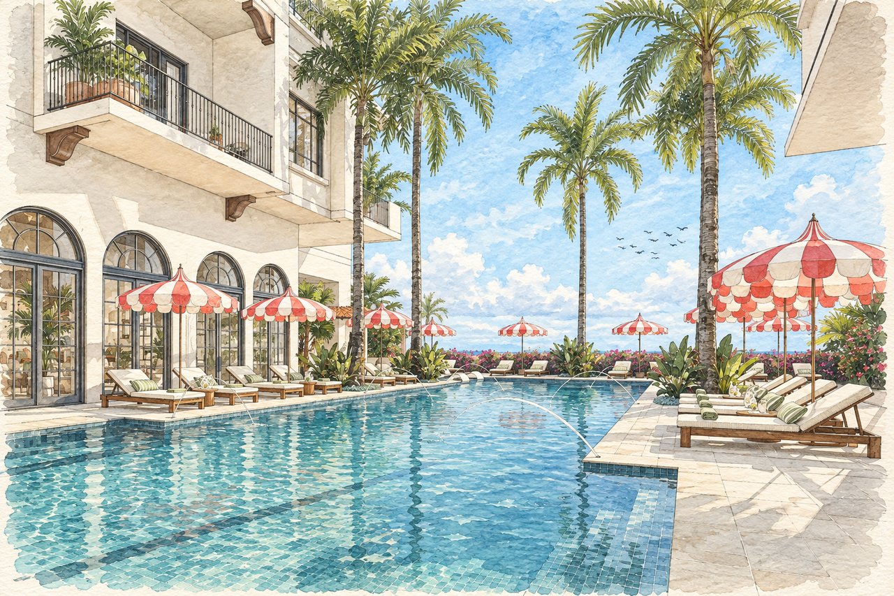 Mira Mar Residences pool courtyard with palm trees, striped umbrellas, and sun loungers.
