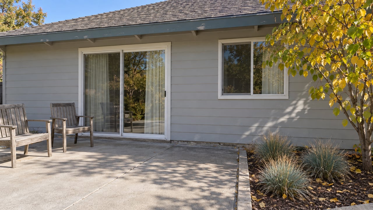 Weathered cedar chairs on a concrete patio beside pale-gray siding, closed sliding glass doors and a yellowing western redbud.