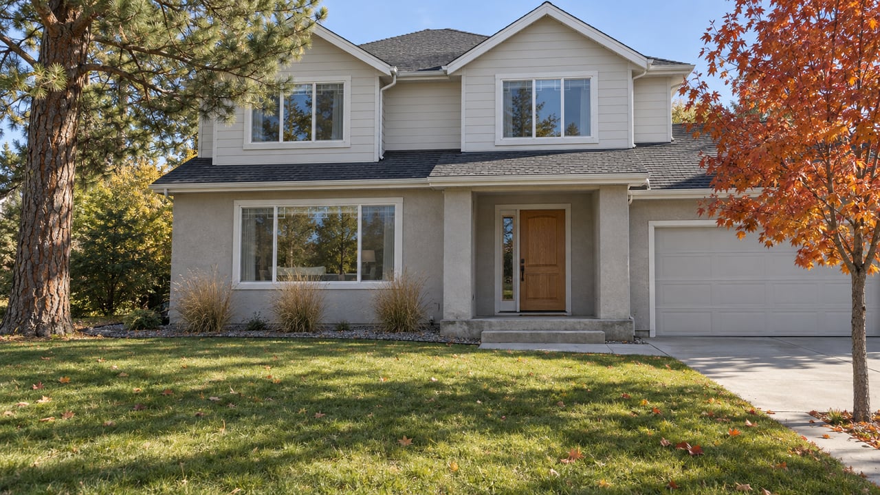Updated two-story home behind a deep front lawn, with an orange-red maple, mature pine, and clean concrete entry approach.