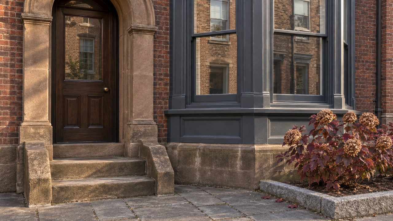 Sunlight grazes a red-brick residential entrance, weathered sandstone steps, and a charcoal-painted projecting bay beside an autumn oakleaf hydrangea.
