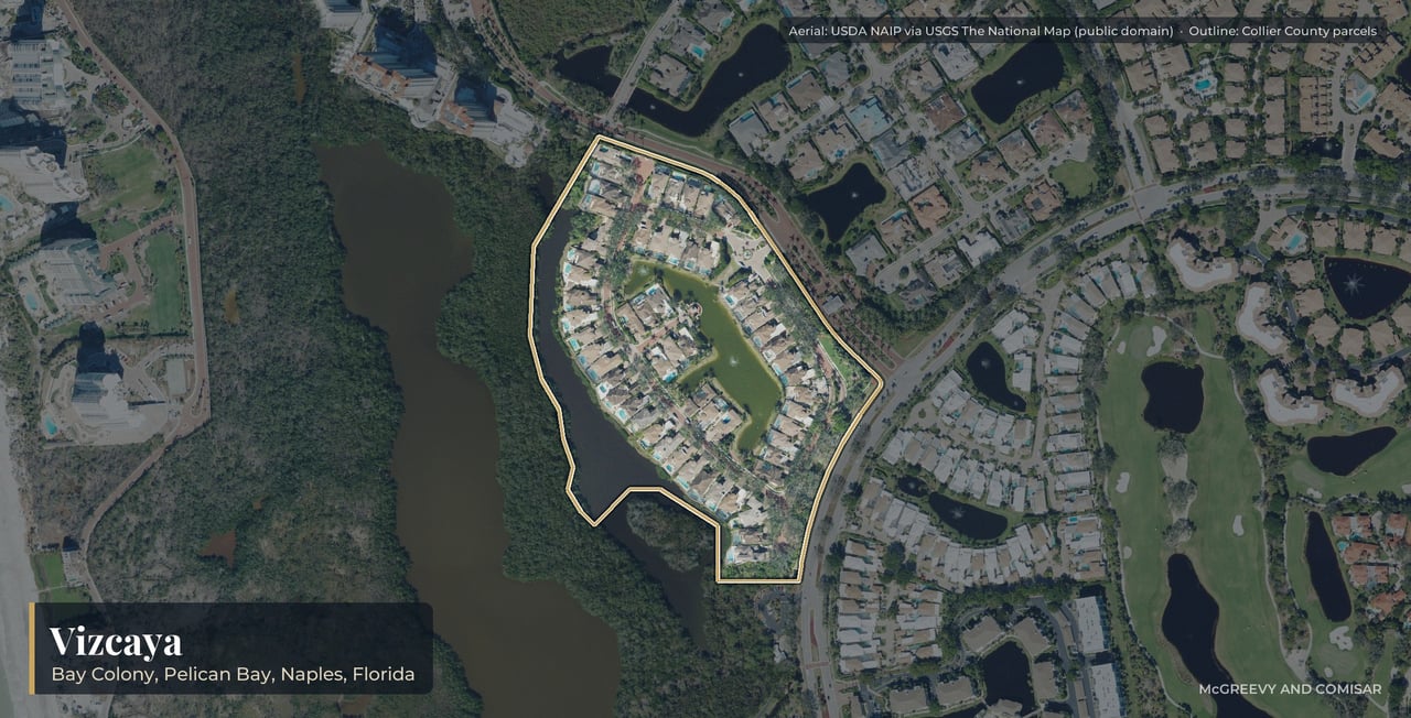 Aerial view of Vizcaya at Bay Colony, Naples, Florida, with its parcels outlined