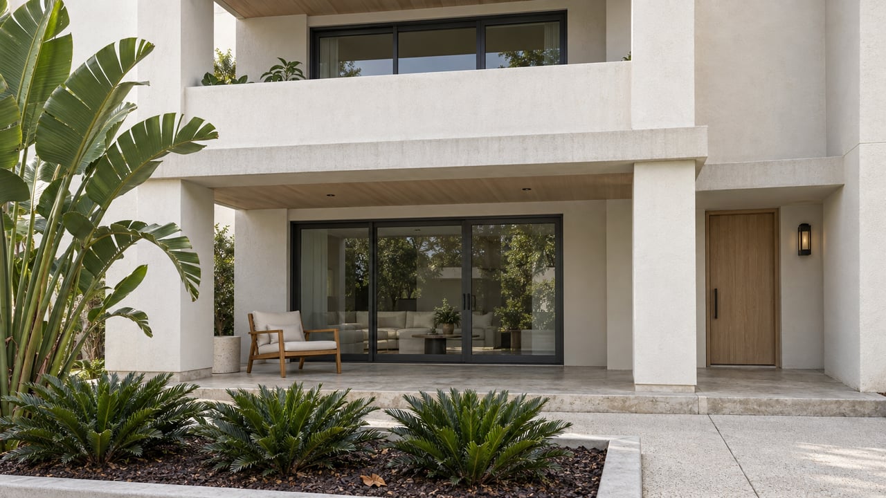 White stucco condominium balconies and closed glass doors above a concrete forecourt with bird-of-paradise and coontie planting.