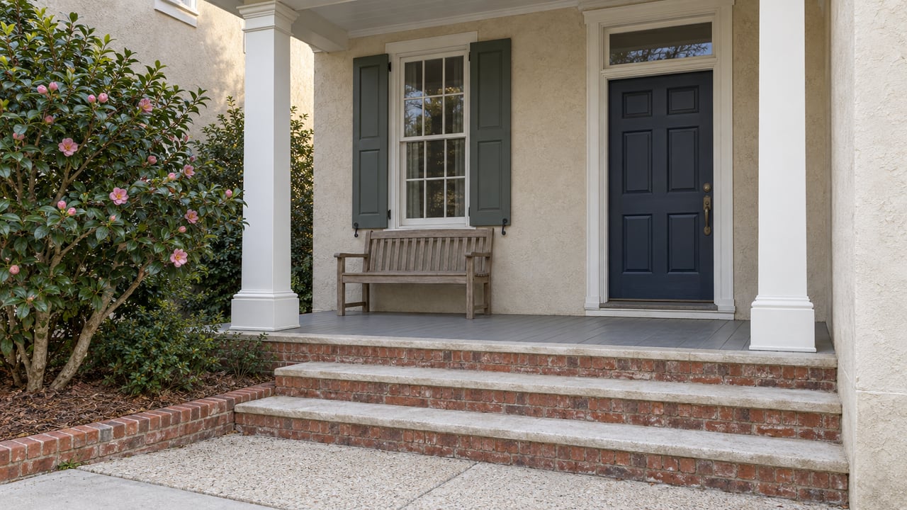 An ivory stucco house with a raised timber porch, navy entrance door, shuttered window, brick steps and a mature camellia in a compact forecourt.