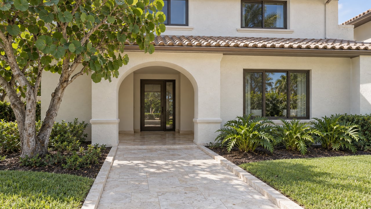 Pale limestone approach beside tropical planting leads to a shaded arched entrance in a two-story white stucco condominium.
