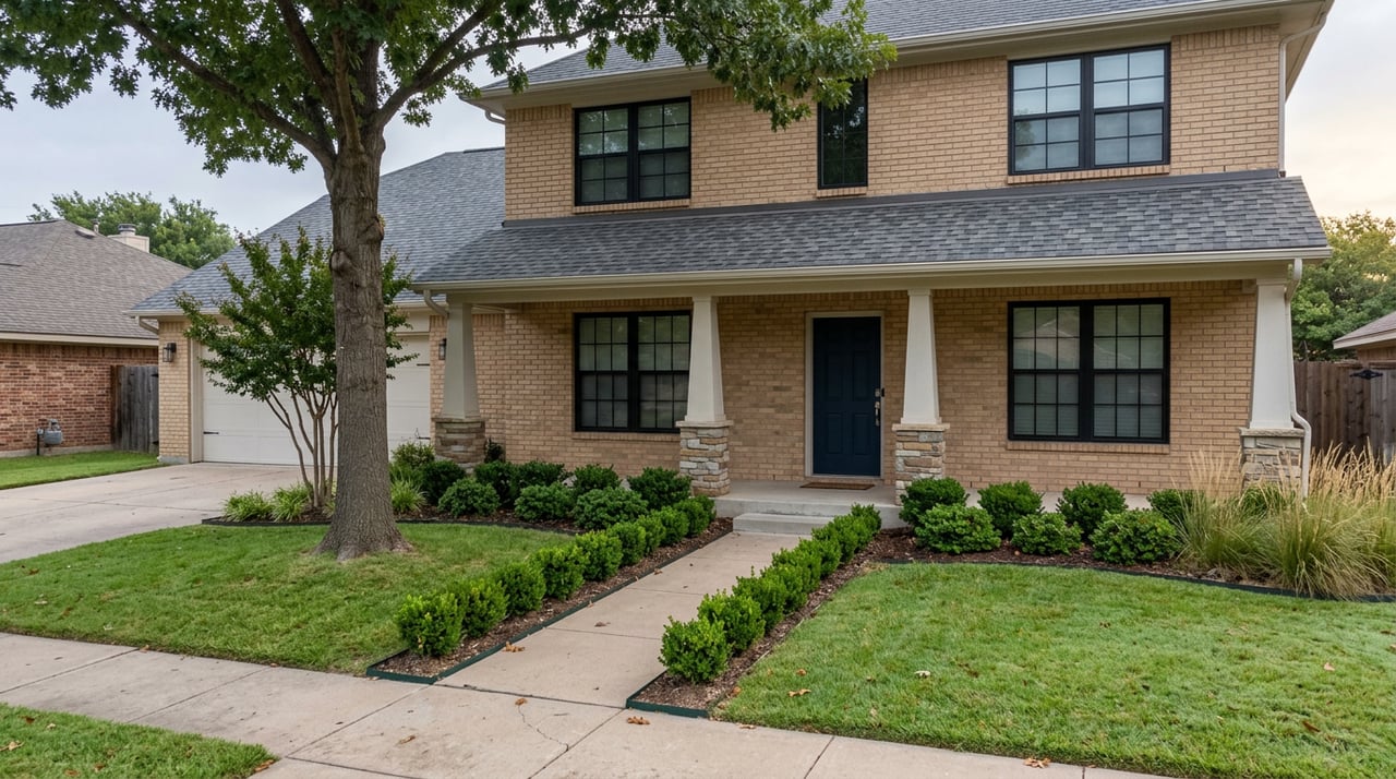 Two-story buff-brick home with a navy front door, covered porch, mature oak, and dew-covered lawn.