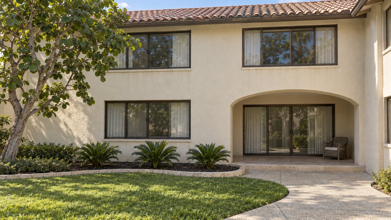 Sunlit two-story stucco condominium facing a lawn and curved walkway, with bronze-framed windows, a tiled roof and a recessed patio.