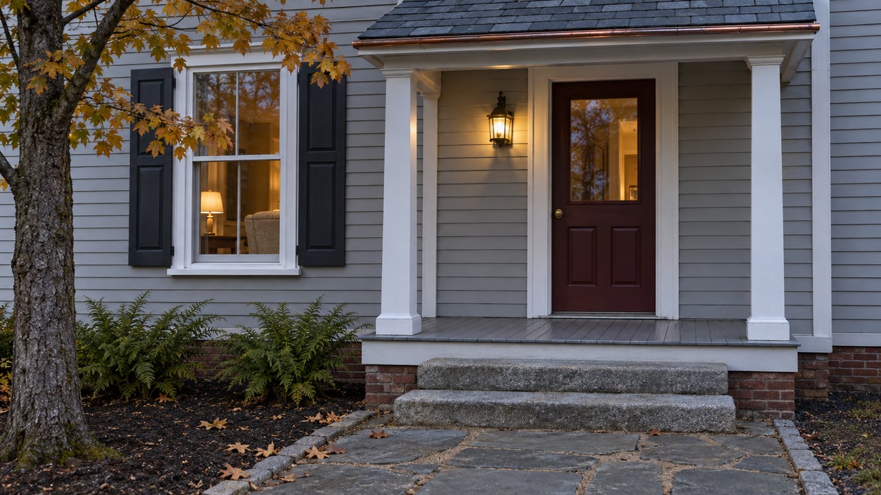 Blue-hour view of a gray clapboard home's burgundy front door, warmly lit window, granite steps and autumn maple branches.