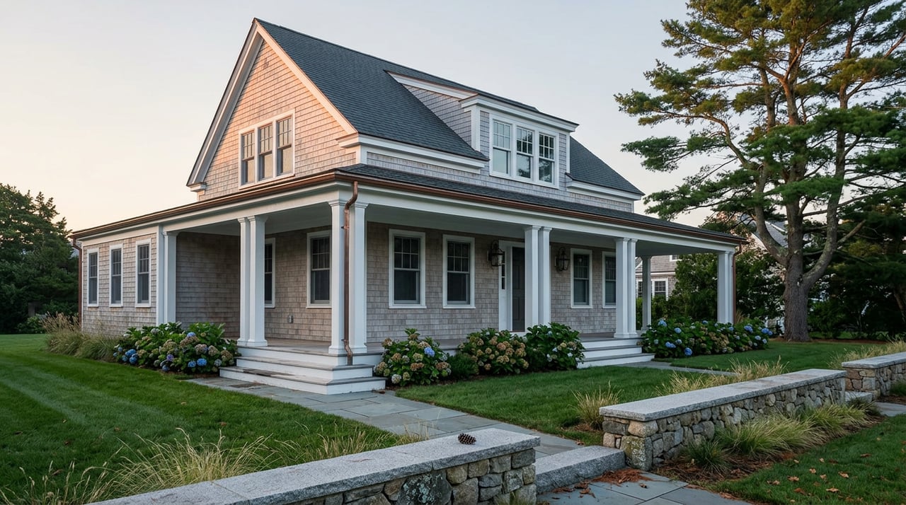 Shingle-style coastal home with a wraparound porch, dormer, stone wall, and pine canopy.