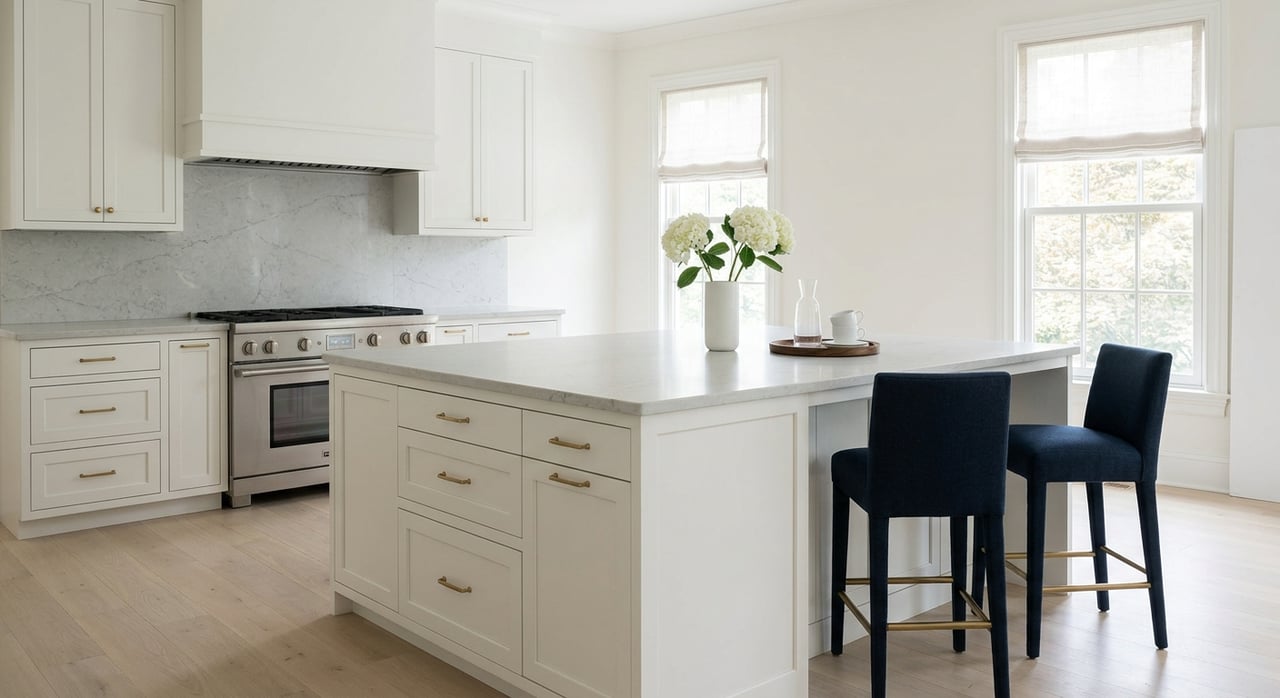 Kitchen island centered in a decluttered kitchen, with the range wall beyond.