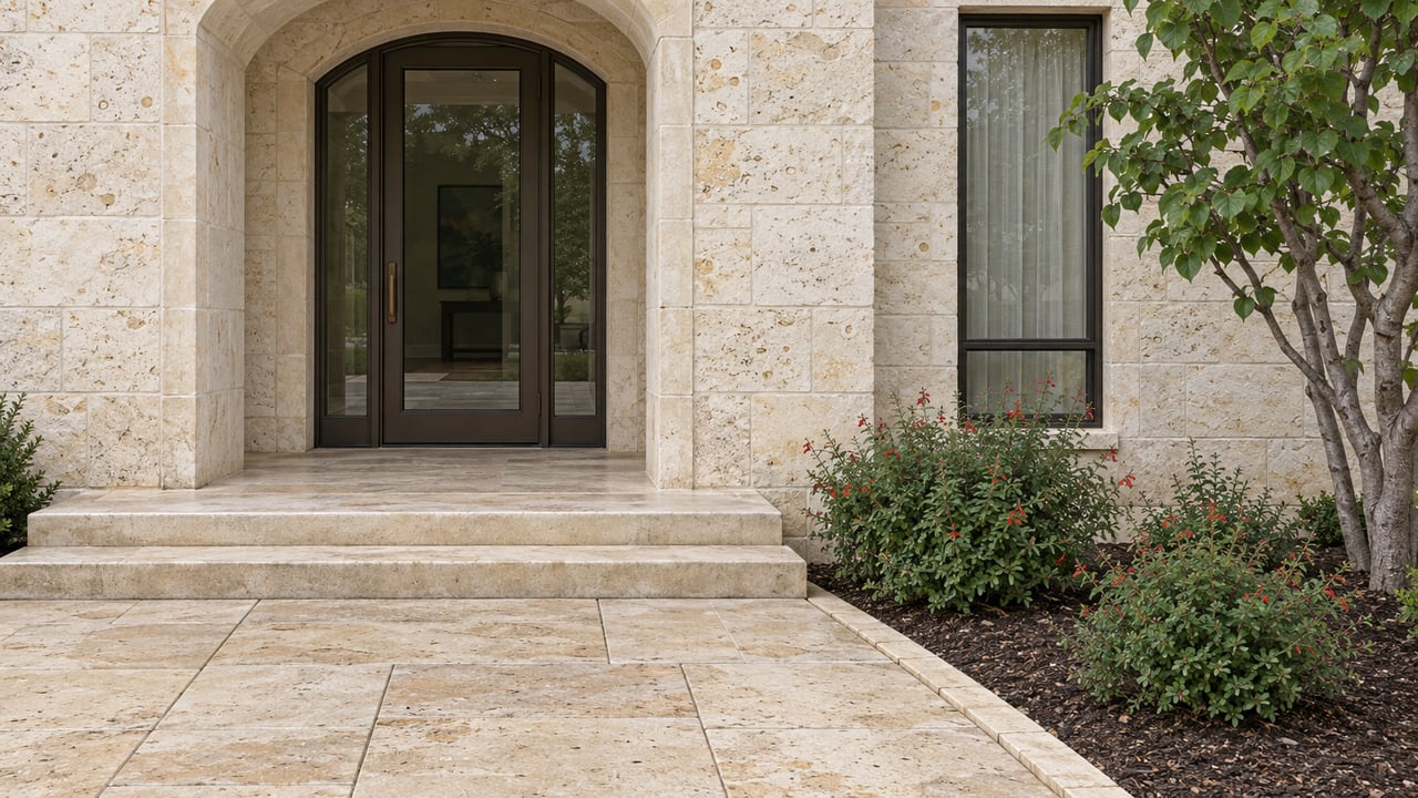 Pale limestone home entrance with a bronze-framed glass door, broad stone steps and flowering sage beside a sculptural redbud.