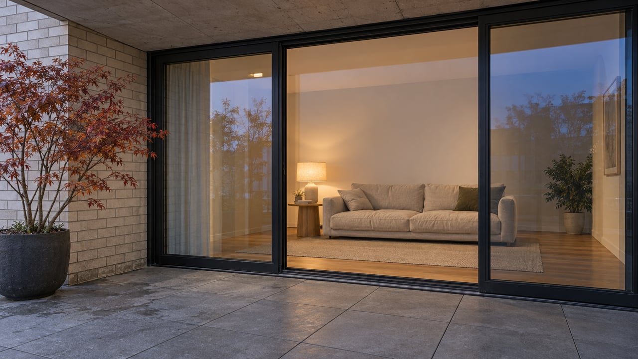 Recessed condominium terrace with cream brick, black-framed glass doors, an autumn Japanese maple, and a warmly lit living room.