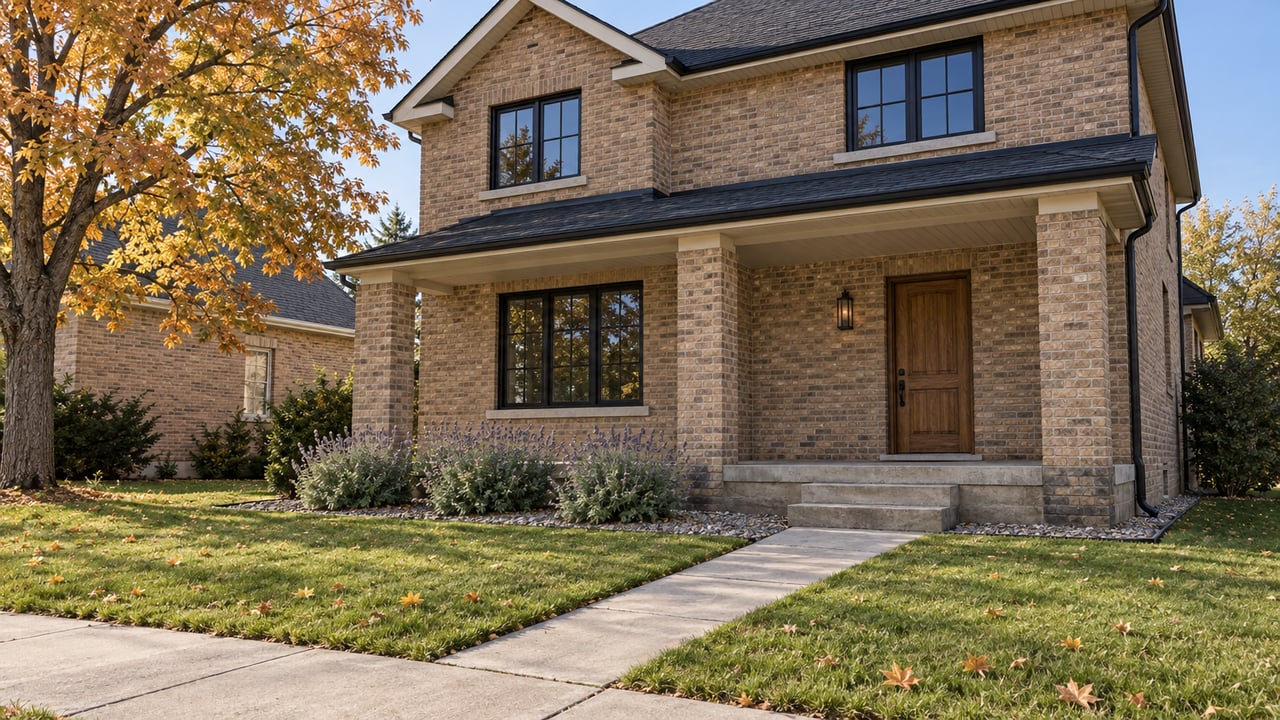 Buff-brick home with an oak front door, recessed porch, broad lawn and amber-leaved maple in autumn sunlight.