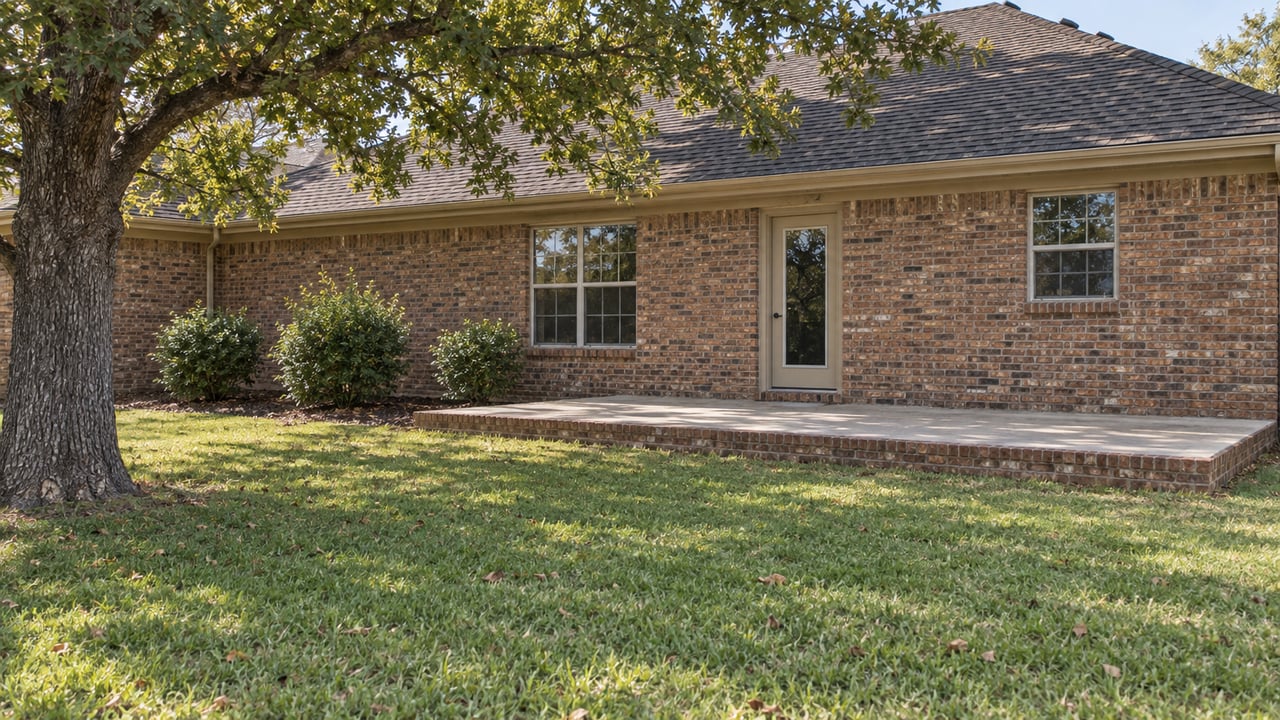 Brick house beyond a broad lawn, with concrete patio, gridded windows, and mature oak.