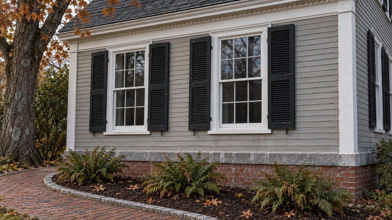 Gray clapboard house with white sash windows, black shutters, an aged brick foundation and a curved brick garden walk beneath autumn maple branches.
