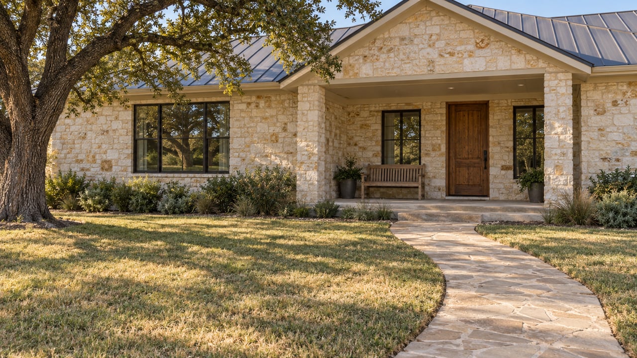 Limestone home with a broad gabled roof, shaded front porch, flagstone approach, and autumn lawn beneath a mature live oak.