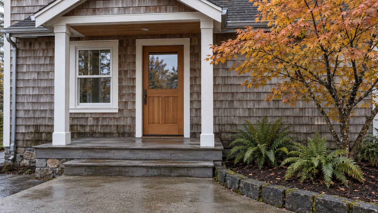 Weathered cedar cottage entrance with white porch posts, damp steps and a copper-yellow vine maple.
