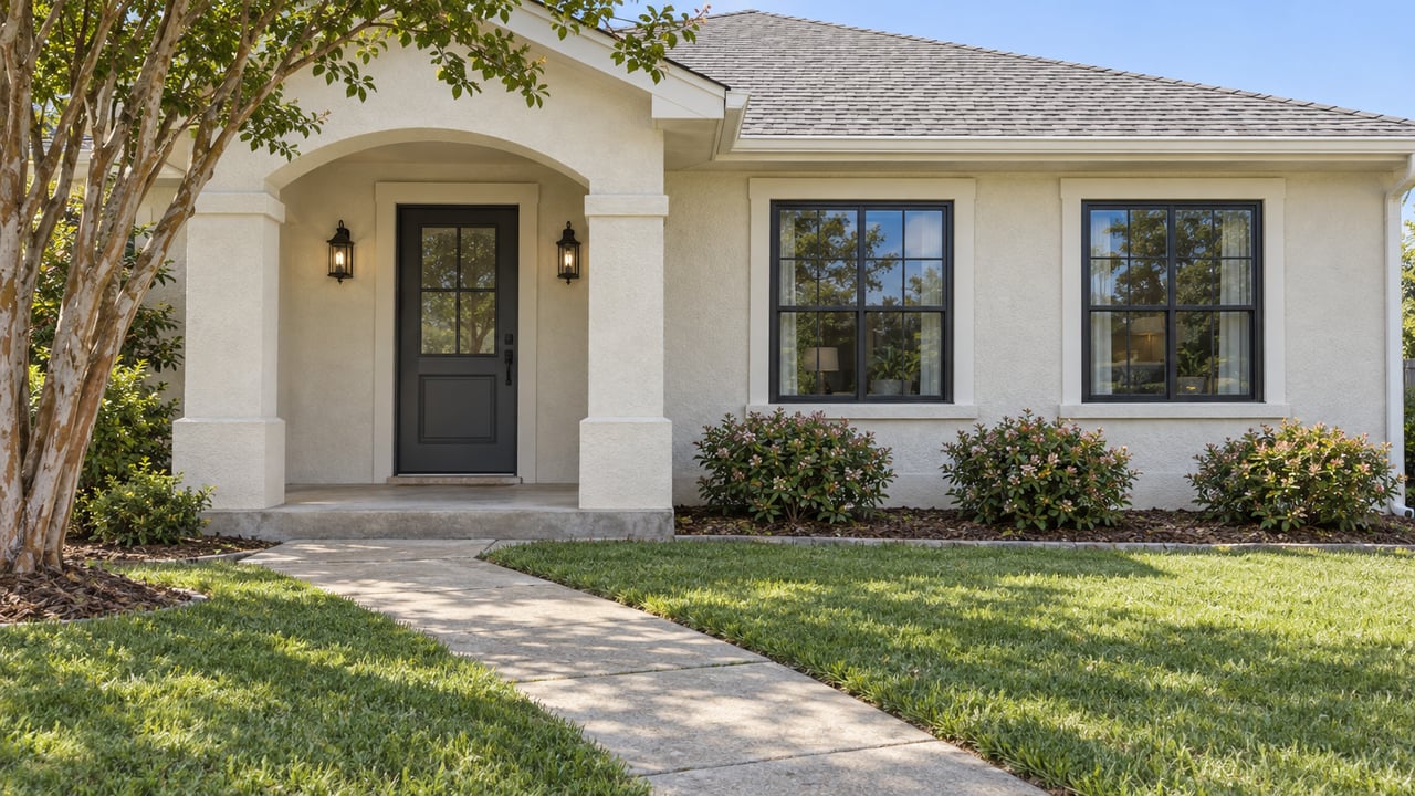 Ivory stucco home with an arched entry, divided-light windows and a concrete walk through a maintained front lawn.
