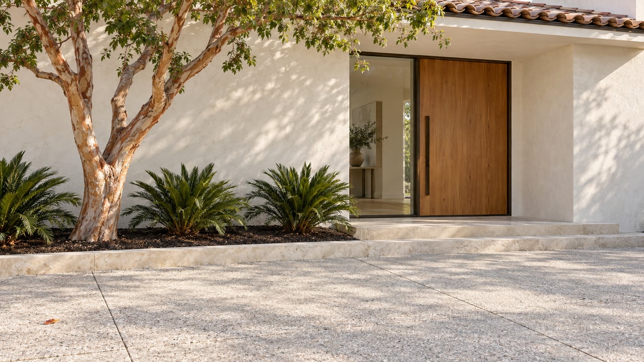 Coastal home entrance with a cypress pivot door, bronze-framed sidelight, shell-aggregate paving, and tropical planting.