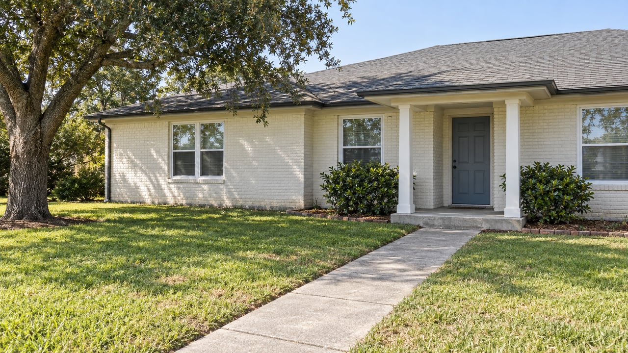 Updated ivory-painted brick home with a gray hip roof, blue-gray front door, deep lawn, and mature live oak.