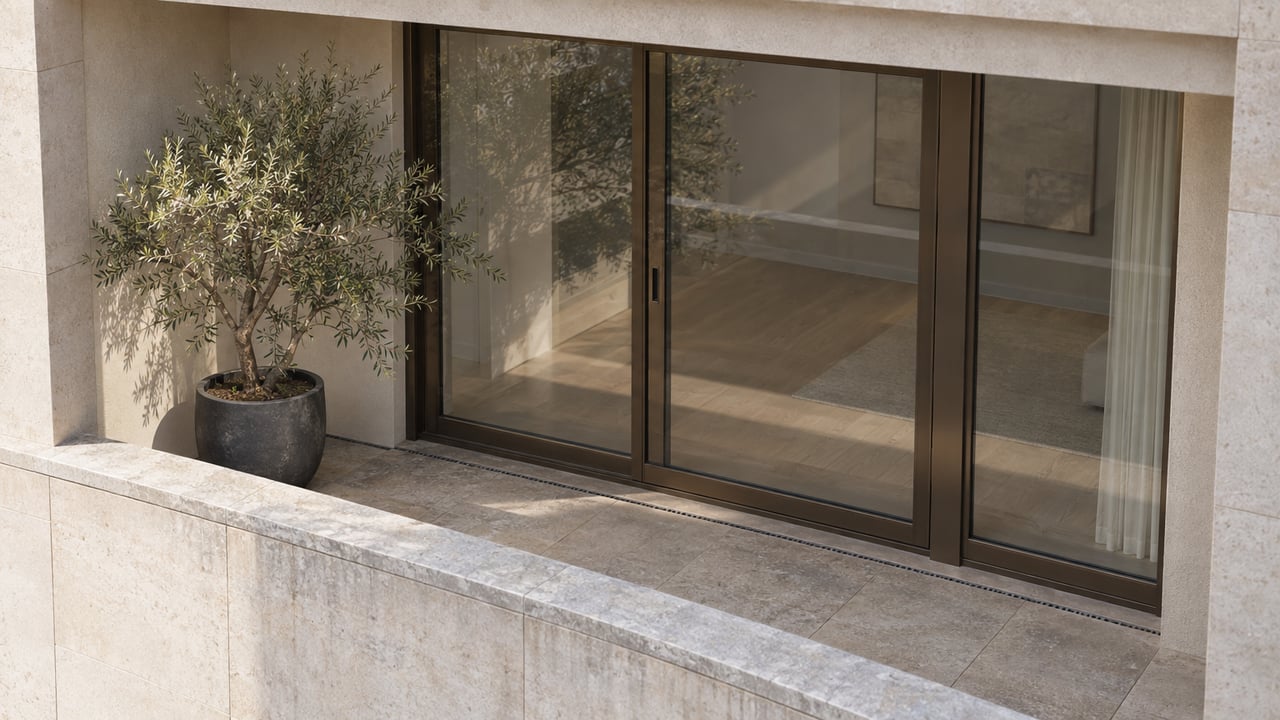 Recessed condominium terrace with bronze-framed glass doors, a limestone parapet, and an olive tree in a charcoal pot.