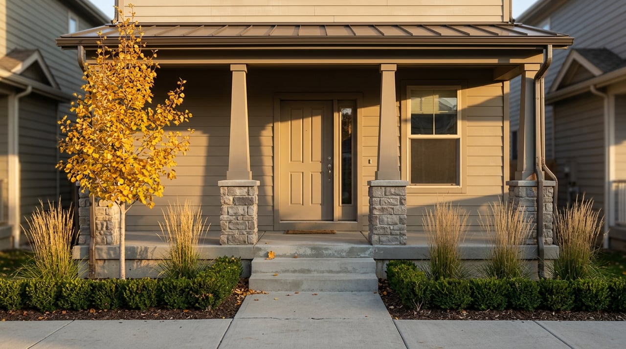 Narrow-lot home with a covered porch, golden aspen leaves, and clipped boxwood flanking the walkway.