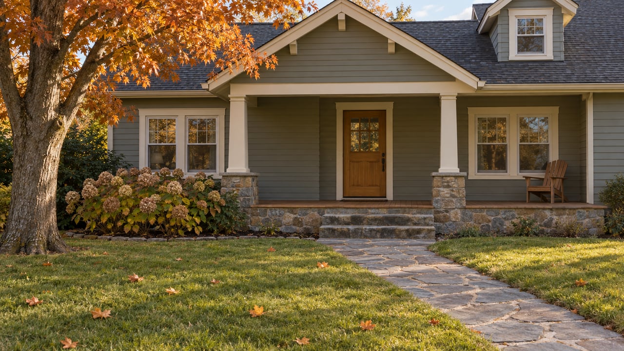 Gray-green gabled house with a timber porch, stone approach, deep lawn, and a copper-leaved maple in warm afternoon light.