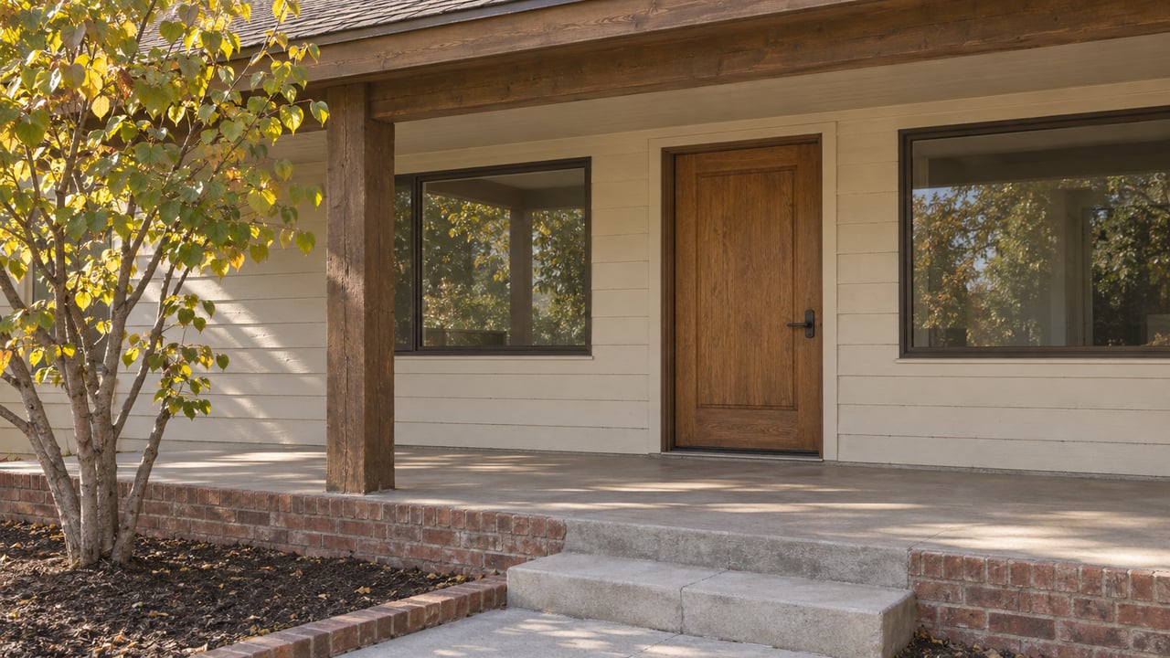 Covered ranch-home entry with cream wood siding, an oak door, brick porch base and a western redbud beside concrete steps.