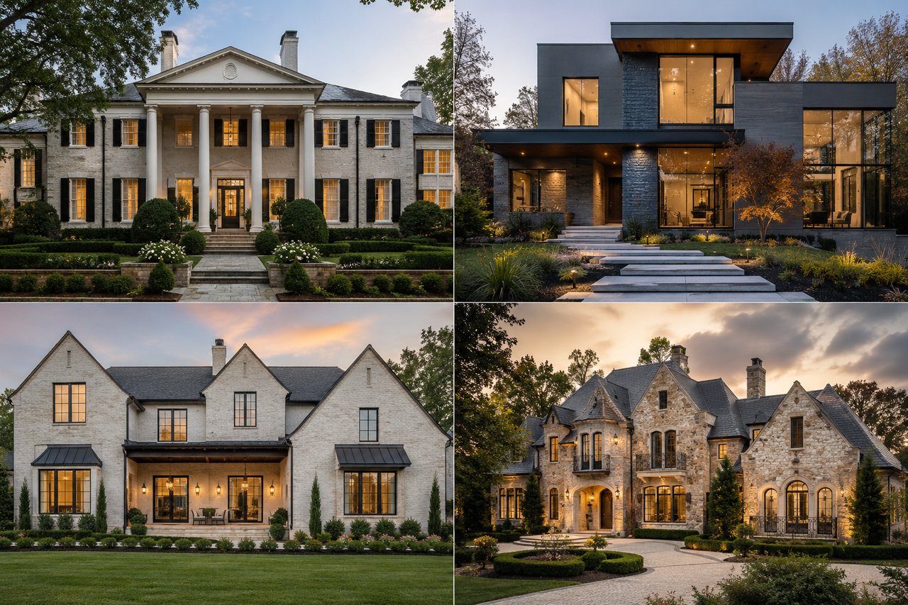 Luxury homes showcasing Georgian, modern contemporary, transitional, and French Country architecture in Nashville's premier neighborhoods, highlighting the diverse architectural styles found throughout Middle Tennessee luxury real estate.