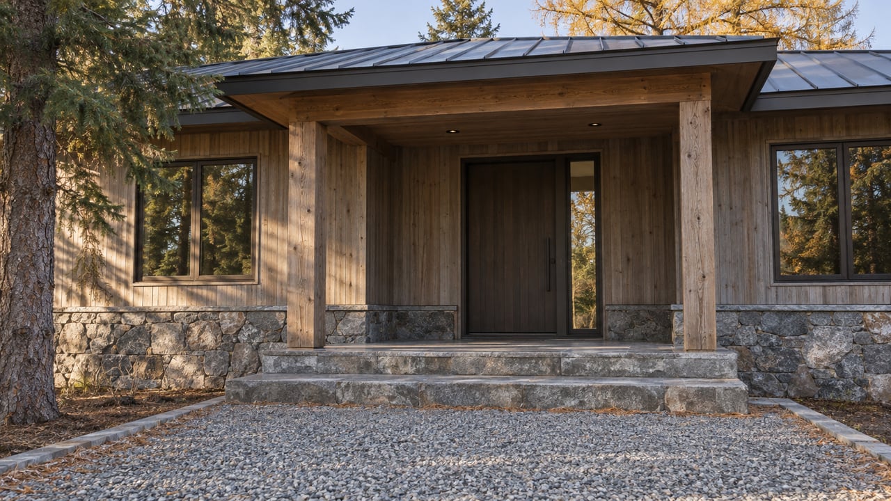 Cedar-clad home entrance with stone steps, a timber porch, and gold larch needles in soft autumn light.