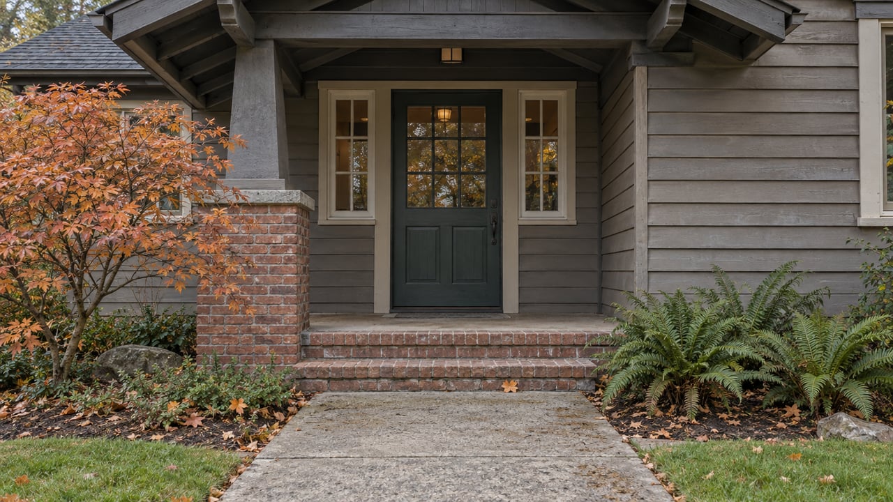 Craftsman entry with a green glass-paneled door, narrow windows, brick steps, and copper leaves.