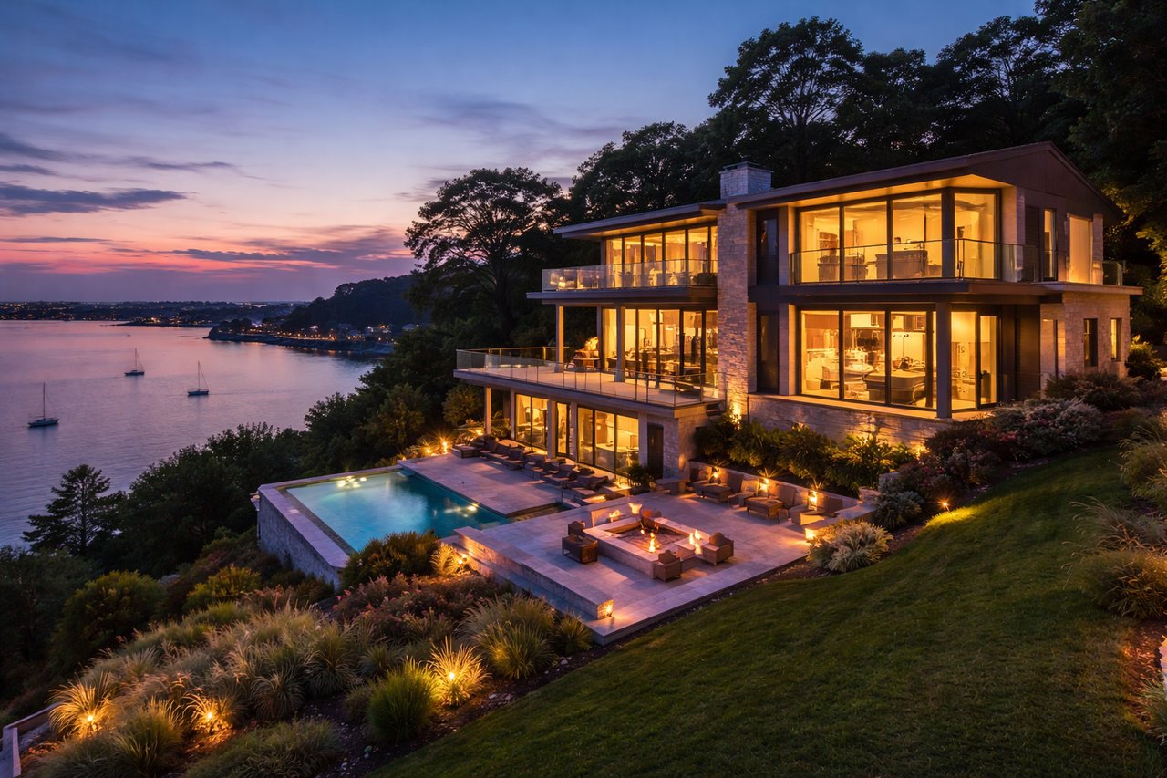 Elegant twilight shot of a contemporary luxury home in Darien CT glowing with warm interior lights, located in Brushy Island neighborhood set overlooking Long Island Sound.