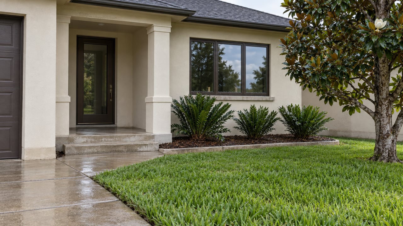 Ivory stucco home with a recessed bronze-framed entry, concrete approach and green lawn after rain.