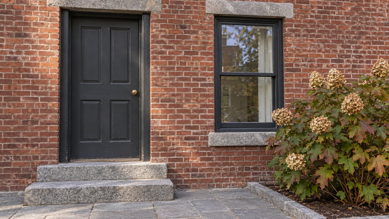 Red brick home entrance with a charcoal timber door, worn granite steps, a sash window, and an oakleaf hydrangea in an edged planting bed.