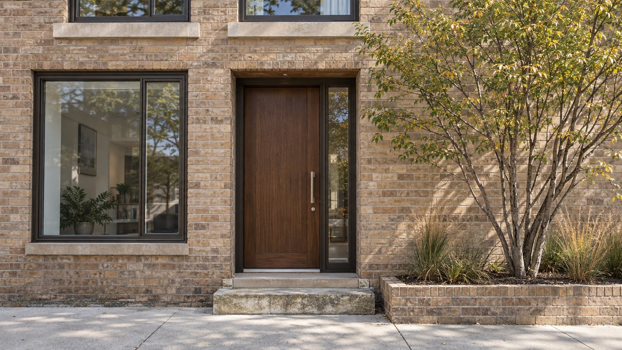 Buff brick townhouse frontage with a recessed walnut door, bronze-framed windows, and a small tree in a raised bed.