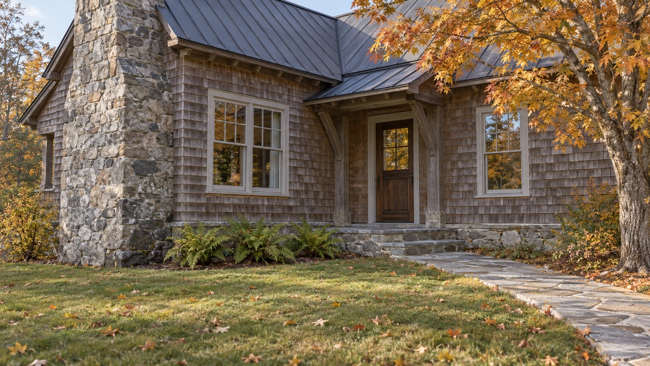 Weathered cedar home with a gray stone chimney, sheltered timber entry and autumn maple beside an open lawn.