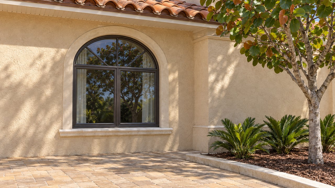 Sunlit sand stucco home with an arched bronze-framed window, terracotta roof tiles, stone-edged pavers, and a sea grape tree.
