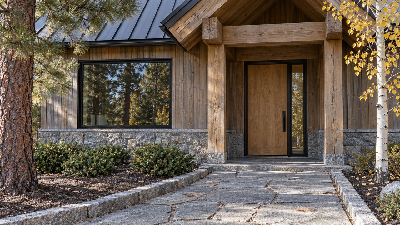 Weathered cedar and granite home with a recessed oak entry, black-framed window, stone approach, pine bark and gold aspen leaves.