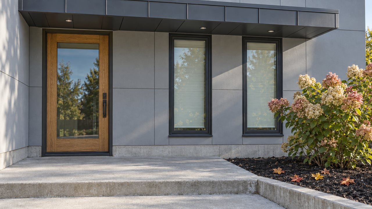Modern home entrance with a wood-framed glass door, gray facade, and concrete steps.