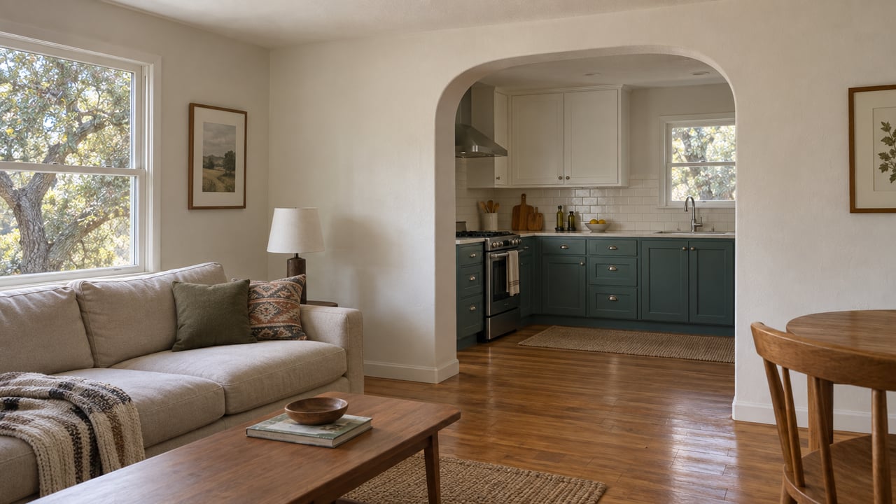 Bungalow living room and compact kitchen joined by a plaster arch, with blue-green cabinets and an oak floor.