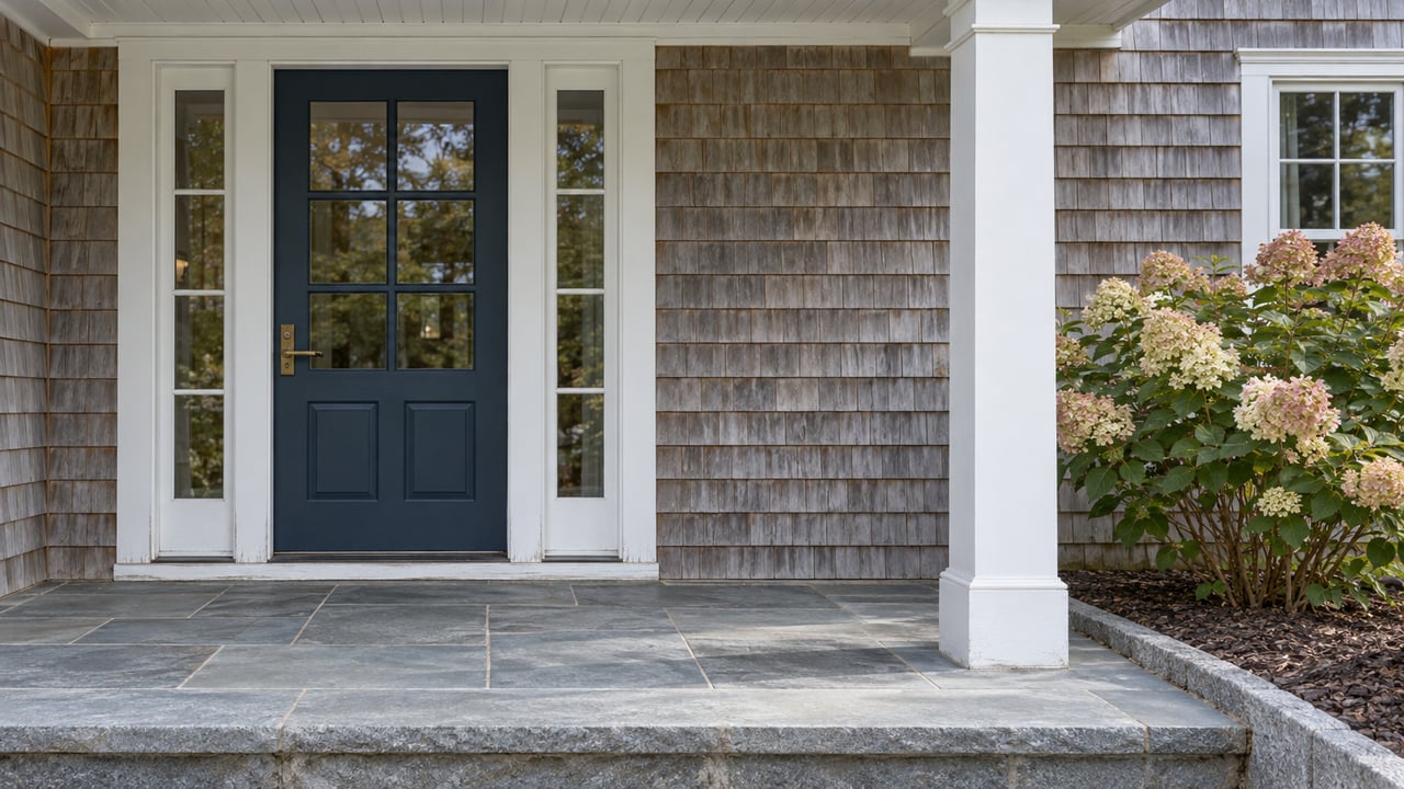 Weathered cedar-shingle porch with a glazed blue entry door, white millwork, bluestone steps and a flowering hydrangea.