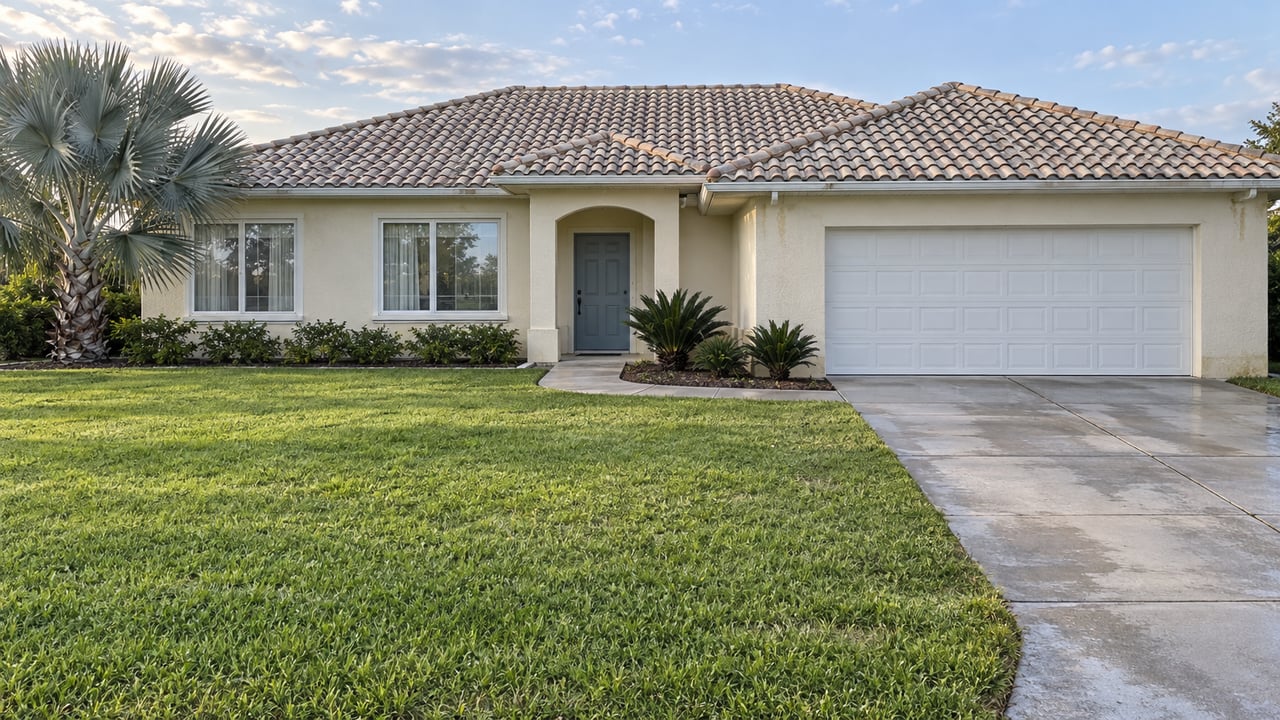 Single-story ivory stucco home with a pale tile roof, broad driveway, deep lawn and a silver palm beside the entry.