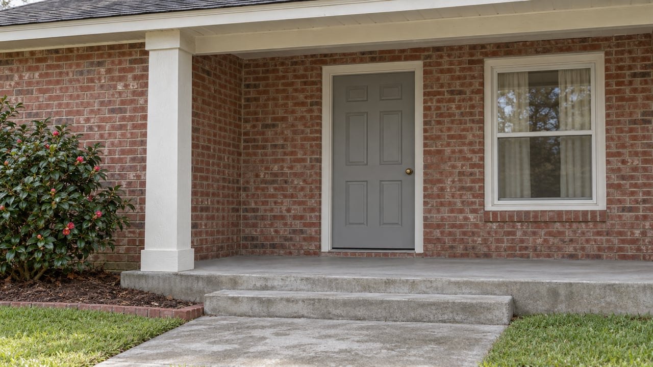 A sheltered brick cottage entrance with a gray door, white trim, worn concrete steps and a mature camellia beside the lawn.
