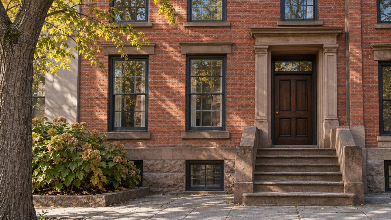 Morning light on a red-brick rowhouse with tall sash windows, a walnut entry door and worn brownstone steps beneath autumn leaves.