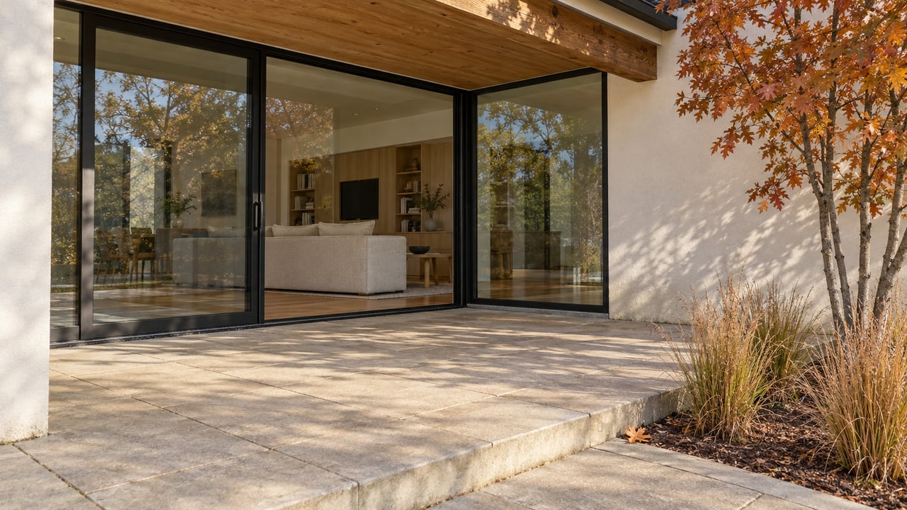 Autumn light across a timber-covered terrace and black-framed glass doors, with pale oak cabinetry visible inside and russet oak leaves beside the paving.