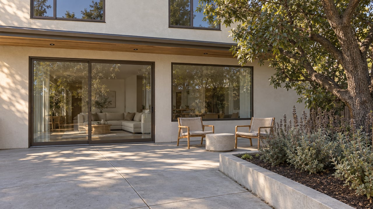 Sunlit rear terrace beside a contemporary white home, with two woven chairs, closed glass doors and a sculptural oak in a raised concrete bed.