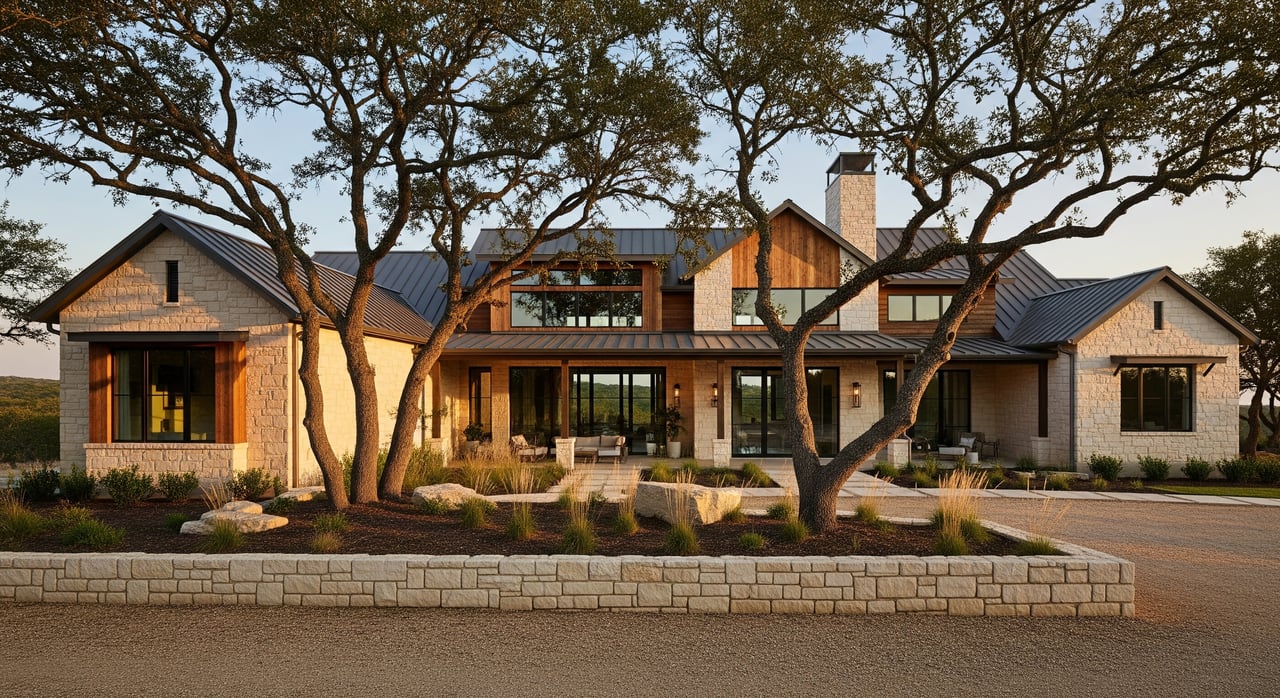Modern stone-and-wood house with multiple gables, framed by broad oak trees and a low stone wall.