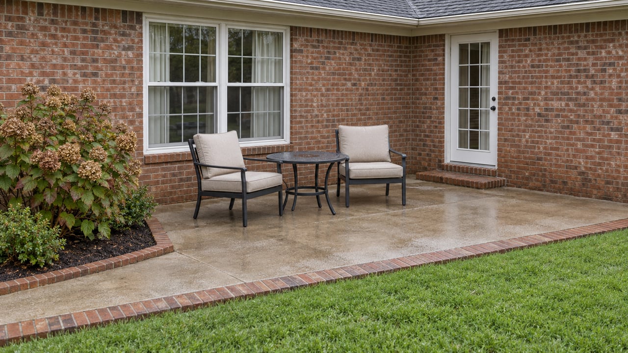 Brick home's rear terrace with two outdoor chairs, a glazed back door, oakleaf hydrangea and a neatly edged lawn after rain.