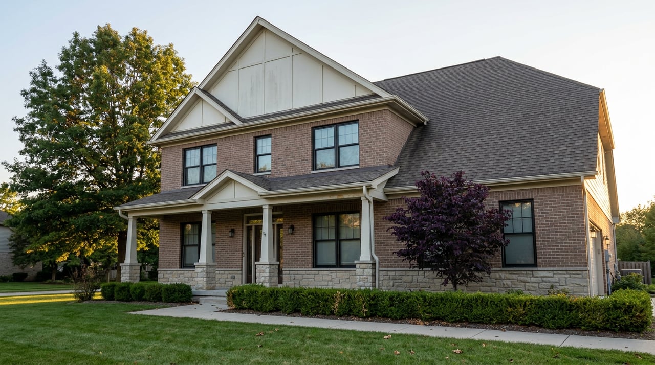 Two-story brick-and-stone house with a white gable, covered entry, deep lawn, and oak tree.