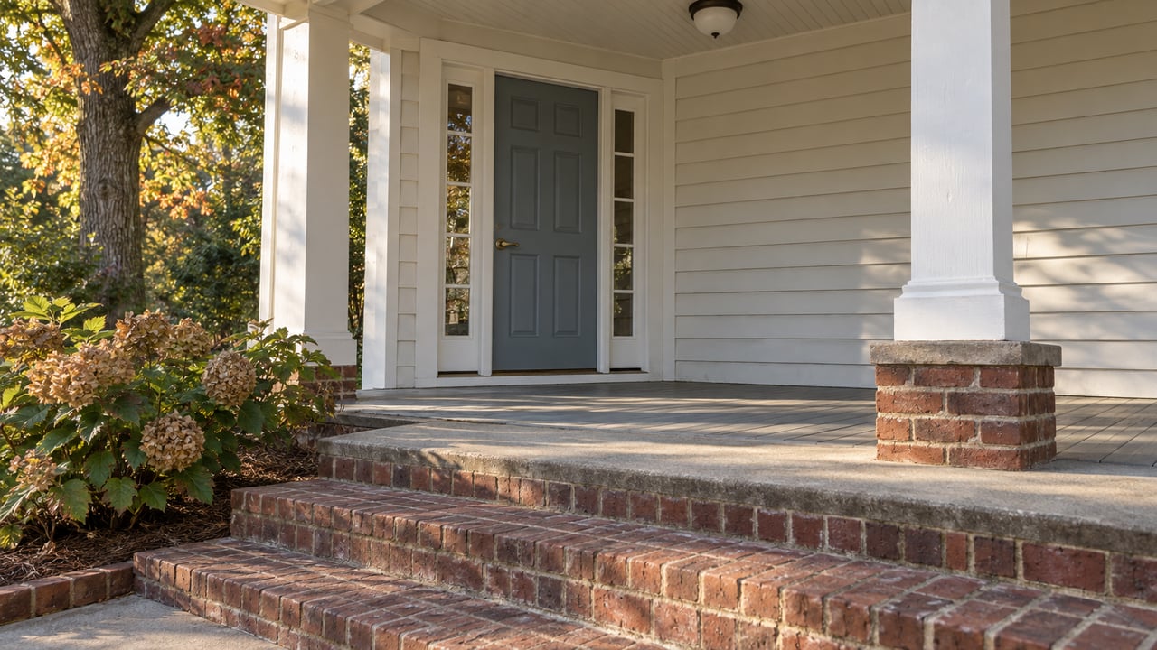 House entrance with a blue-gray door, white columns, and broad brick steps.